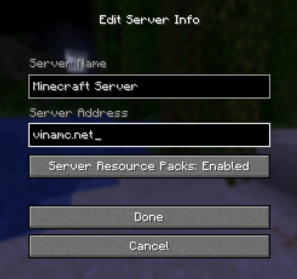 Minecraft Java: Edit Server Info, Server Address vinamc.net